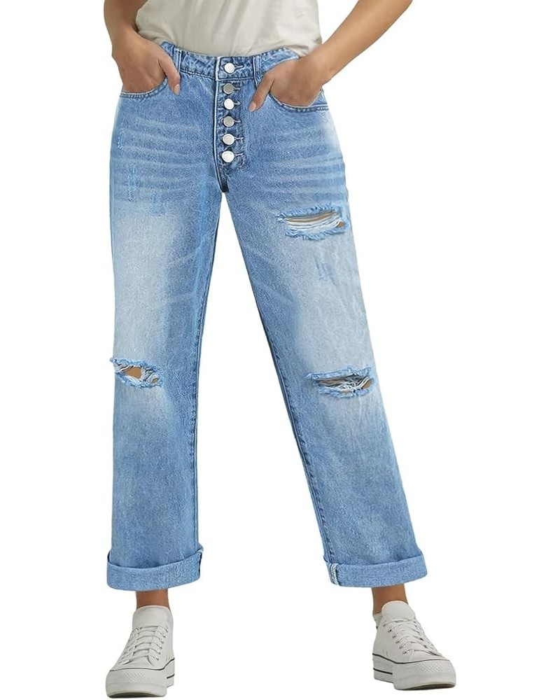 Boyfriend Jeans for Women Stretch Straight Leg Jeans Low Waist Button Fly Jeans Light Blue $19.78 Jeans