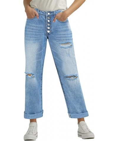 Boyfriend Jeans for Women Stretch Straight Leg Jeans Low Waist Button Fly Jeans Light Blue $19.78 Jeans