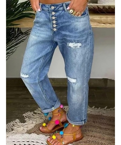 Boyfriend Jeans for Women Stretch Straight Leg Jeans Low Waist Button Fly Jeans Light Blue $19.78 Jeans