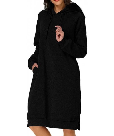 Women's Hooded Sweatshirt Drawstring Lightweight Long Sleeve Pullover Split Hem Hoodie Dress with Pockets Black $7.19 Hoodies...