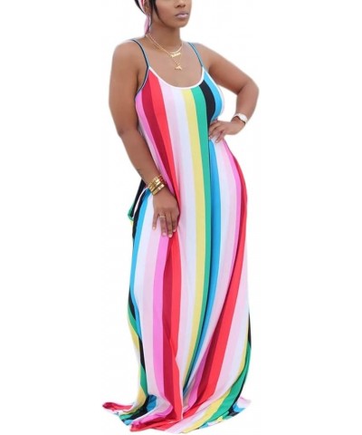 Women's Casual Maxi Dresses Summer Sexy Stripe Bodycon Long Floor Length Sleeveless Colorful Sundresses Plus Size Colourful96...