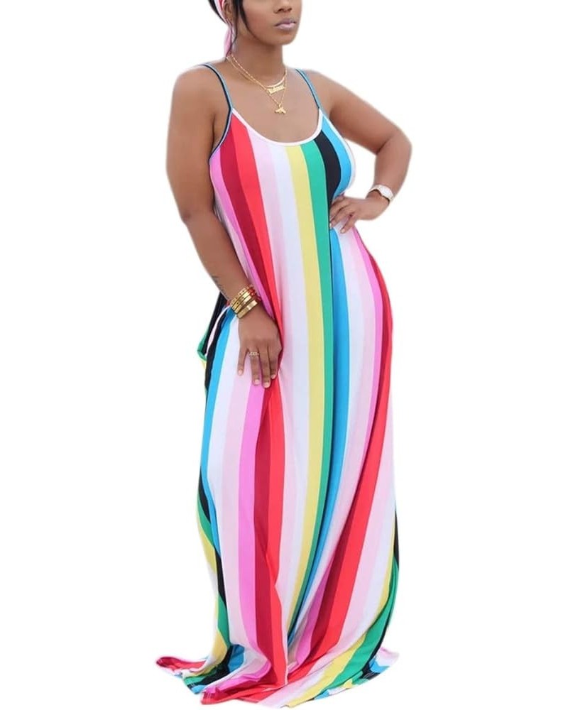 Women's Casual Maxi Dresses Summer Sexy Stripe Bodycon Long Floor Length Sleeveless Colorful Sundresses Plus Size Colourful96...