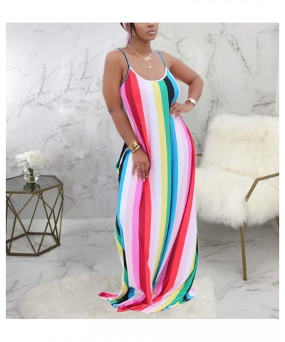 Women's Casual Maxi Dresses Summer Sexy Stripe Bodycon Long Floor Length Sleeveless Colorful Sundresses Plus Size Colourful96...