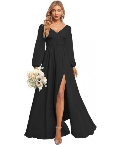 Women's Chiffon Long Sleeve Bridesmaid Dresses V Neck A-line Long Formal Gowns with Slit QA083 Black $23.22 Dresses