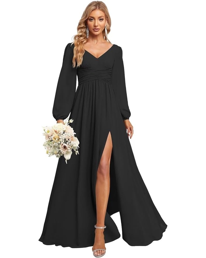 Women's Chiffon Long Sleeve Bridesmaid Dresses V Neck A-line Long Formal Gowns with Slit QA083 Black $23.22 Dresses