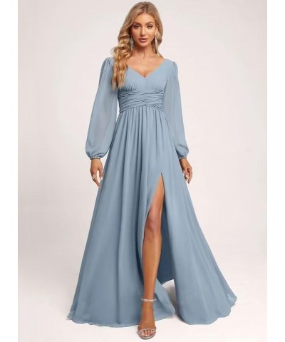 Women's Chiffon Long Sleeve Bridesmaid Dresses V Neck A-line Long Formal Gowns with Slit QA083 Black $23.22 Dresses