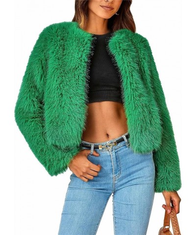 Women Winter Faux Fur Cropped Jacket Long Sleeve Open front Fleece Coat Fluffy Shaggy Short Coat Outerwear Green a $12.25 Coats