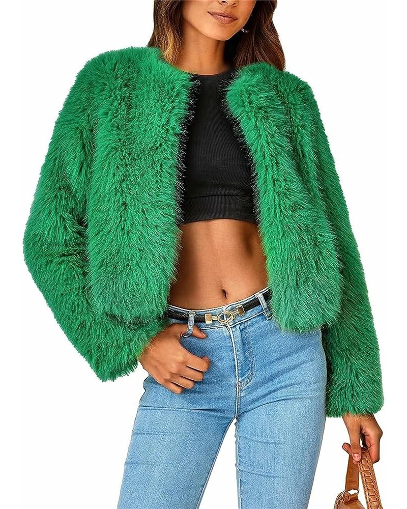 Women Winter Faux Fur Cropped Jacket Long Sleeve Open front Fleece Coat Fluffy Shaggy Short Coat Outerwear Green a $12.25 Coats