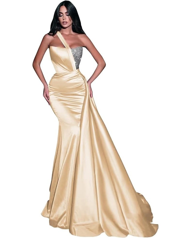 Womens Mermaid One Shoulder Prom Dresses Satin Sequin Formal Evening Gowns Champange $36.75 Dresses