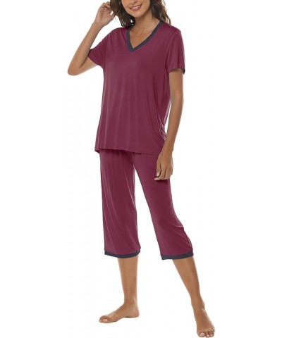 Women's Pajama Set Cotton Lounge Set V Neck Sleepwear Capri Pajama Pants Pjs Nightwear Short Top Wine Red $18.00 Sleep & Lounge