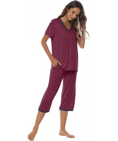 Women's Pajama Set Cotton Lounge Set V Neck Sleepwear Capri Pajama Pants Pjs Nightwear Short Top Wine Red $18.00 Sleep & Lounge