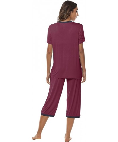 Women's Pajama Set Cotton Lounge Set V Neck Sleepwear Capri Pajama Pants Pjs Nightwear Short Top Wine Red $18.00 Sleep & Lounge