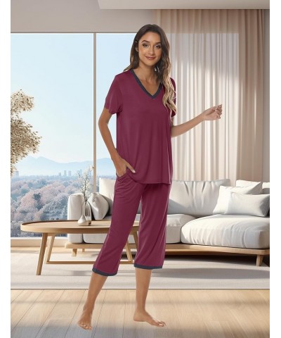 Women's Pajama Set Cotton Lounge Set V Neck Sleepwear Capri Pajama Pants Pjs Nightwear Short Top Wine Red $18.00 Sleep & Lounge