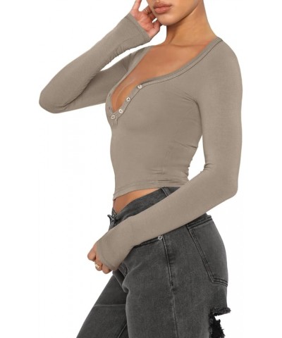 Women's Autumn Slim Knitwear, Solid Color Long Sleeve V-Neck Single Breasted Show Navel Cropped Cardigan V-neck-gray Brown $9...