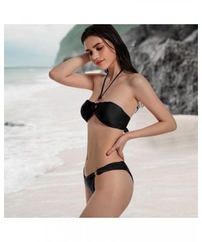 Bikini Sets for Women Sexy Strappy Bikini Women Swimwear Women's 2 Piece Bandeau Swimsuits Black $11.00 Swimsuits