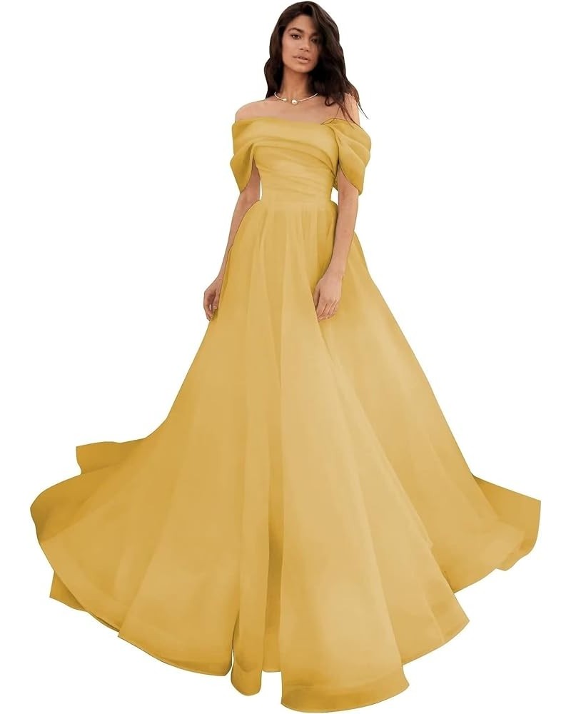 Off Shoulder Tulle Prom Dresses 2024 Ruched Wedding Dresses for Bride Puffy Ball Gown Gold $48.22 Dresses