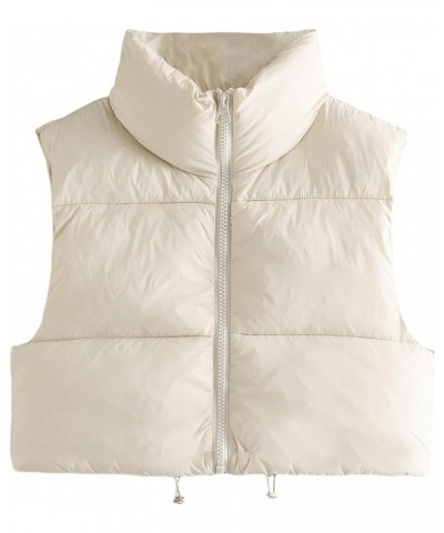 Womens Cropped Puffer Vest Zip Up Stand Collar Sleeveless Padded Crop Vests Beige $15.19 Vests