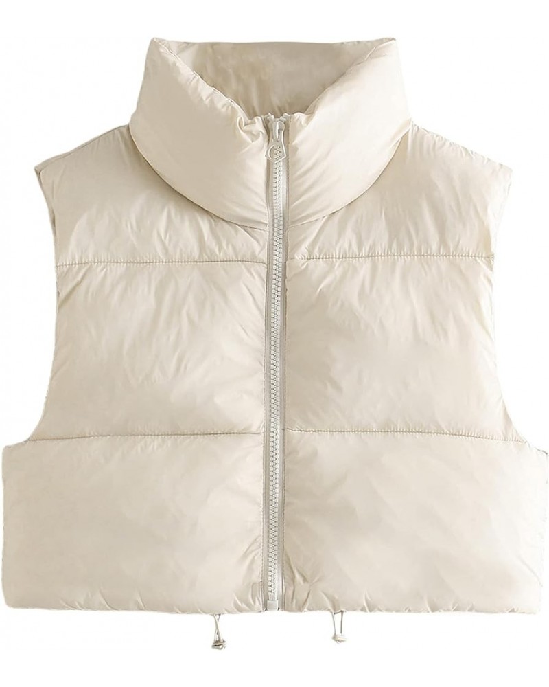 Womens Cropped Puffer Vest Zip Up Stand Collar Sleeveless Padded Crop Vests Beige $15.19 Vests