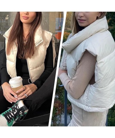 Womens Cropped Puffer Vest Zip Up Stand Collar Sleeveless Padded Crop Vests Beige $15.19 Vests