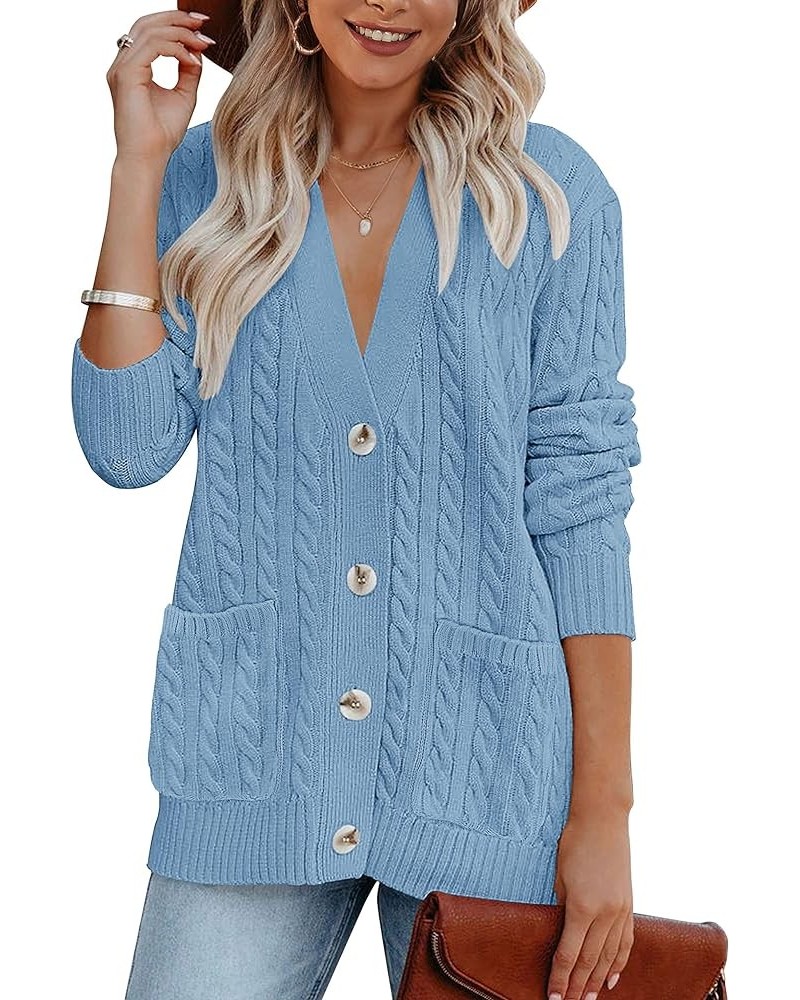 Women's 2024 Long Sleeve Cable Knit Button Cardigan Sweater Open Front Outwear Coat with Pockets Blue $26.39 Sweaters