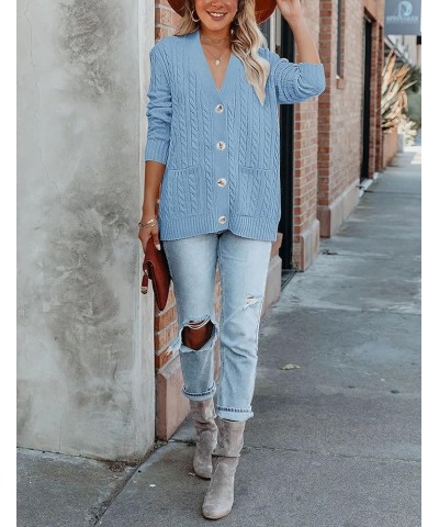 Women's 2024 Long Sleeve Cable Knit Button Cardigan Sweater Open Front Outwear Coat with Pockets Blue $26.39 Sweaters