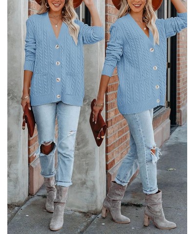 Women's 2024 Long Sleeve Cable Knit Button Cardigan Sweater Open Front Outwear Coat with Pockets Blue $26.39 Sweaters