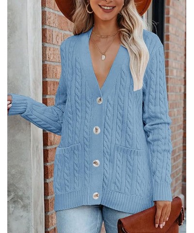 Women's 2024 Long Sleeve Cable Knit Button Cardigan Sweater Open Front Outwear Coat with Pockets Blue $26.39 Sweaters