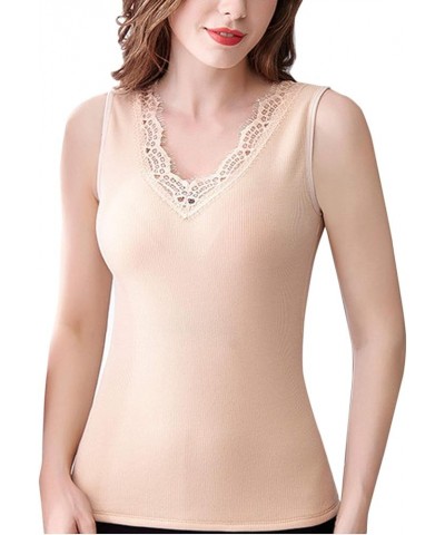 Thermal Underwear Tops for Women Fleece Lined Lace Thermal Shirts V-Neck Sleeveless Nude $13.75 Underwear