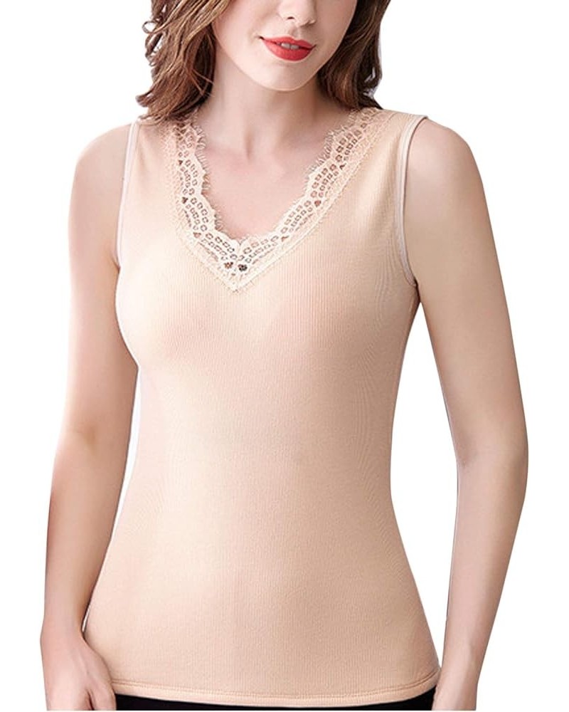 Thermal Underwear Tops for Women Fleece Lined Lace Thermal Shirts V-Neck Sleeveless Nude $13.75 Underwear