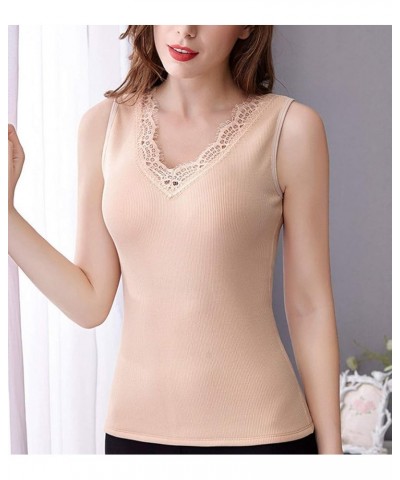 Thermal Underwear Tops for Women Fleece Lined Lace Thermal Shirts V-Neck Sleeveless Nude $13.75 Underwear