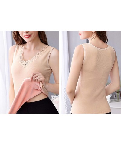 Thermal Underwear Tops for Women Fleece Lined Lace Thermal Shirts V-Neck Sleeveless Nude $13.75 Underwear