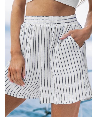 Womens High Waist Striped Shorts 2024 Summer Casual Wide Leg Belted Cotton Shorts White $10.12 Shorts