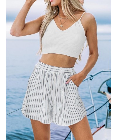 Womens High Waist Striped Shorts 2024 Summer Casual Wide Leg Belted Cotton Shorts White $10.12 Shorts