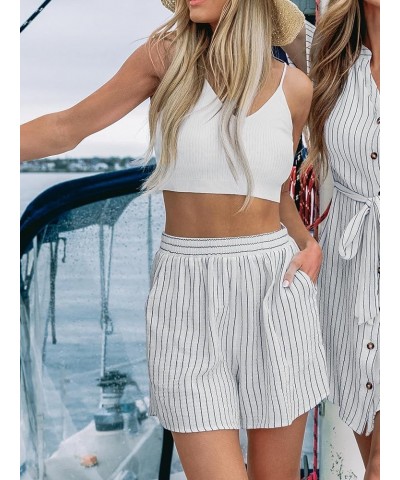 Womens High Waist Striped Shorts 2024 Summer Casual Wide Leg Belted Cotton Shorts White $10.12 Shorts