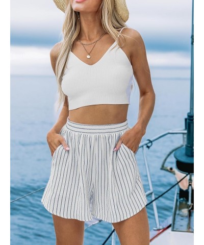 Womens High Waist Striped Shorts 2024 Summer Casual Wide Leg Belted Cotton Shorts White $10.12 Shorts