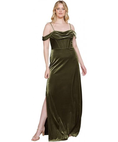 Velvet Off Shoulder Long Bridesmaid Dresses Cowl Neck Formal Gowns Evening Dress with Slit Olive Green $27.50 Dresses