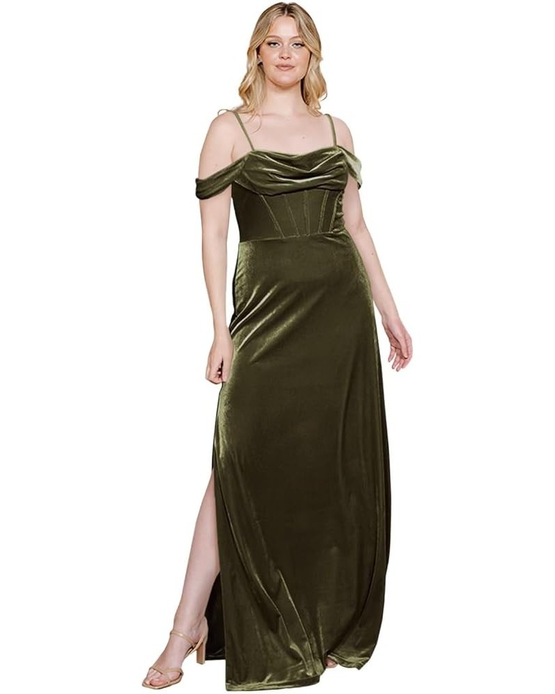 Velvet Off Shoulder Long Bridesmaid Dresses Cowl Neck Formal Gowns Evening Dress with Slit Olive Green $27.50 Dresses