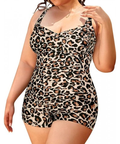 Plus Size One Piece Swimsuits Boyshort Tummy Control Ruched Plus Size Bathing Suits Retro Twist Front  Boyleg  Swimwear Leopa...