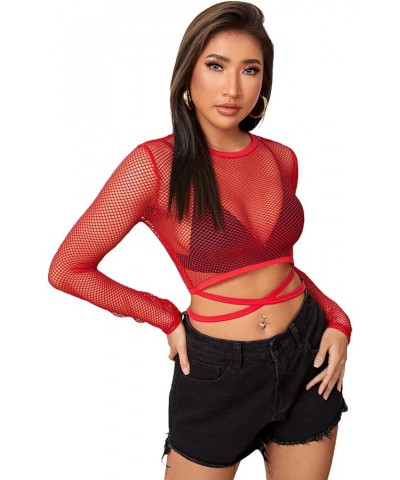 Women's Sheer Fishnet Mesh Crisscross Tie Long Sleeve Crop Tee Tops Red $12.99 T-Shirts