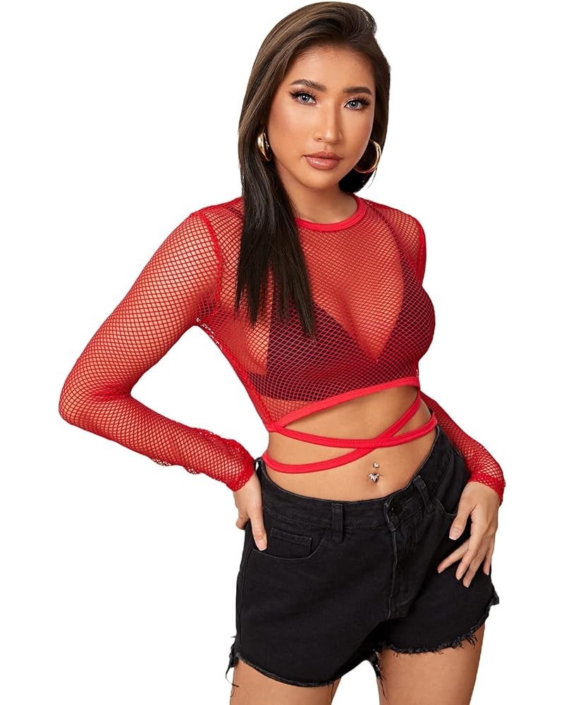 Women's Sheer Fishnet Mesh Crisscross Tie Long Sleeve Crop Tee Tops Red $12.99 T-Shirts