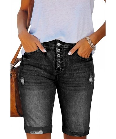 Women's Bermuda Shorts Denim Destroyed Raw Hem Long Jeans Shorts 04-black $16.81 Shorts