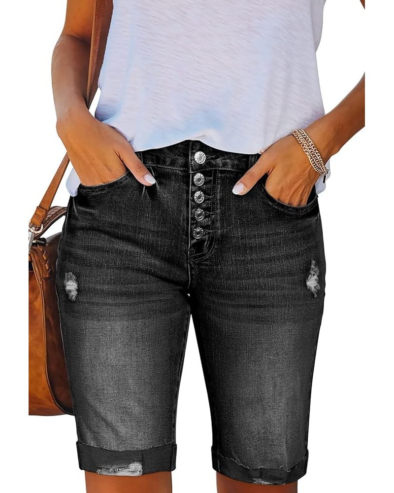 Women's Bermuda Shorts Denim Destroyed Raw Hem Long Jeans Shorts 04-black $16.81 Shorts