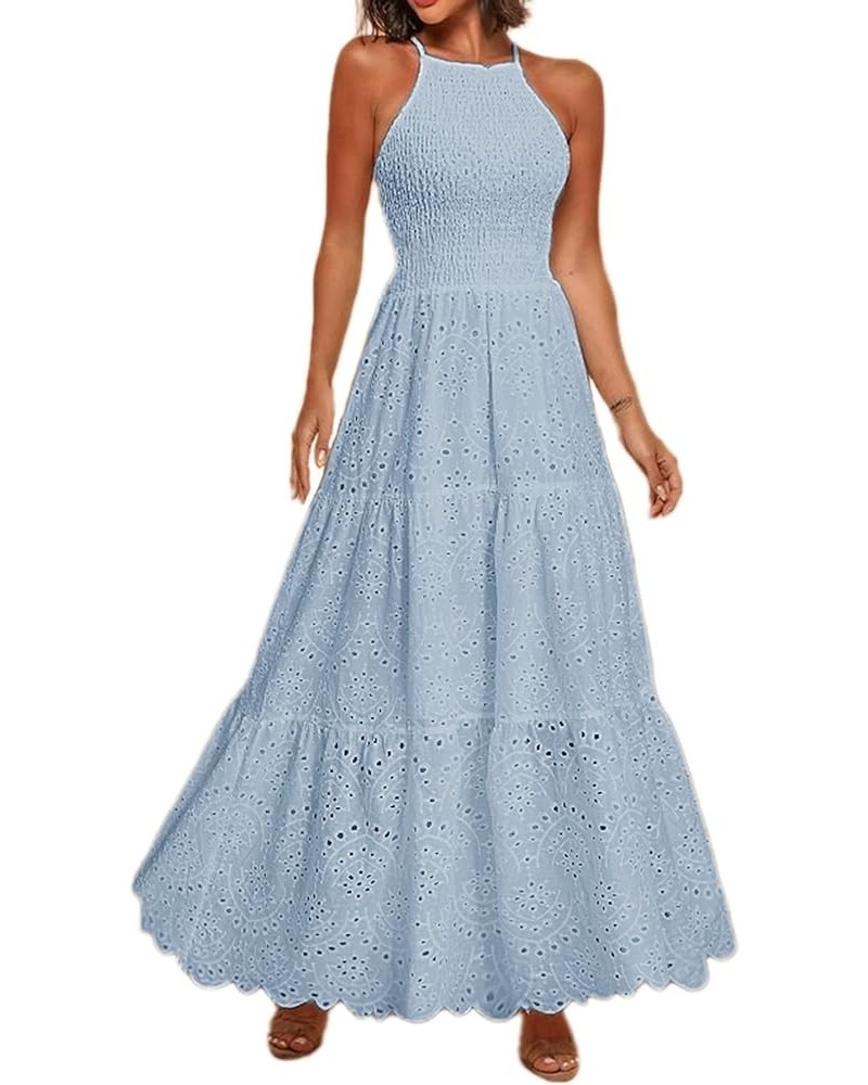 Women's Embroidery Pearl Button Down Dress V Neck Spaghetti Strap Maxi Dress Halter-Soild Halter-light Blue $18.19 Dresses