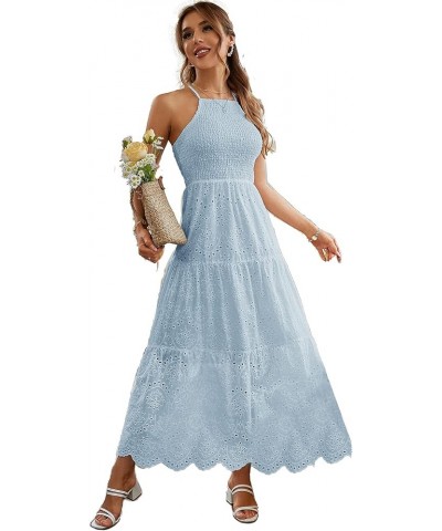 Women's Embroidery Pearl Button Down Dress V Neck Spaghetti Strap Maxi Dress Halter-Soild Halter-light Blue $18.19 Dresses