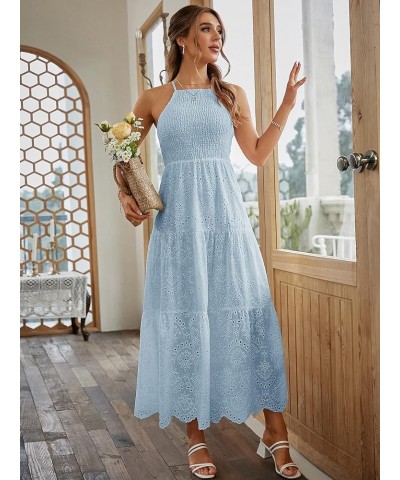 Women's Embroidery Pearl Button Down Dress V Neck Spaghetti Strap Maxi Dress Halter-Soild Halter-light Blue $18.19 Dresses