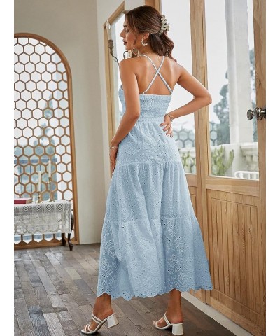 Women's Embroidery Pearl Button Down Dress V Neck Spaghetti Strap Maxi Dress Halter-Soild Halter-light Blue $18.19 Dresses