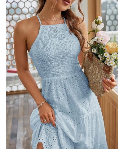 Women's Embroidery Pearl Button Down Dress V Neck Spaghetti Strap Maxi Dress Halter-Soild Halter-light Blue $18.19 Dresses