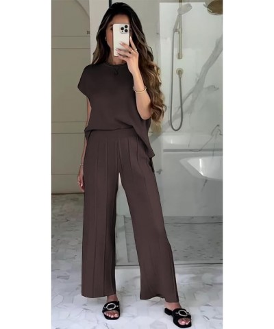 Women's Knit 2 Piece Outfits Sleeveless Pullover Sweater Vest Tops Elastic Waisted Pants Loungwear Set Coffee $20.39 Activewear