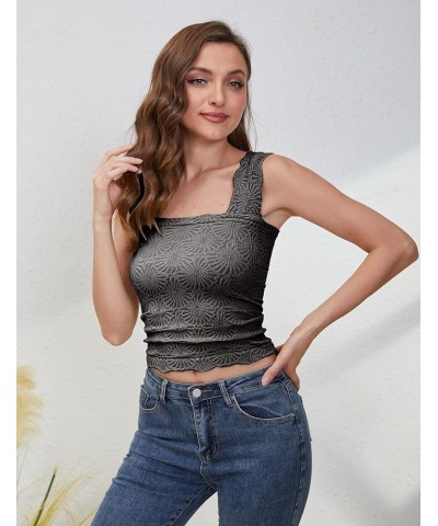 Women's Flower Square Neck Crop Tank Top Sexy Wide Strap Sleeveless Backless Going Out Tops Solid Cami Vest Black $11.27 Tops