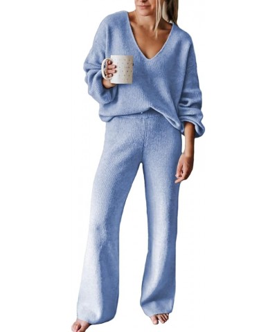 Women's 2 Piece Outfit Tracksuit Set Deep V Neck Knit Top And Wide Leg Long Pants Sweatsuit Baby Blue $23.76 Activewear